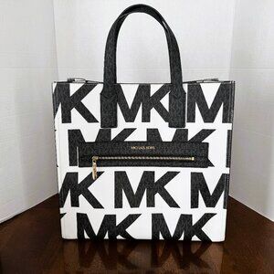 NWT Michael Kors Kenly Large Graphic MK Black & White Tote Purse *FLAW*